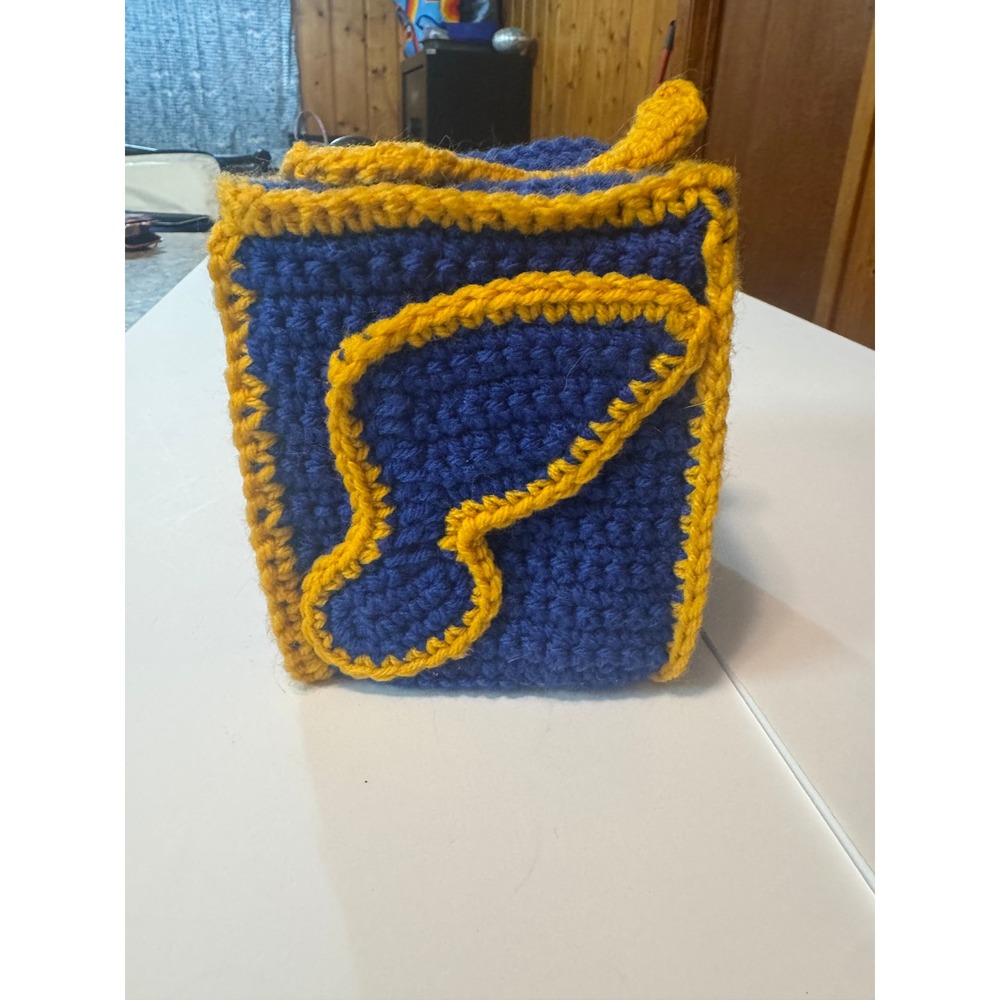 Handmade Crochet Tissue Box Cover Blue and Yellow Musical Note Sports Fan Decor